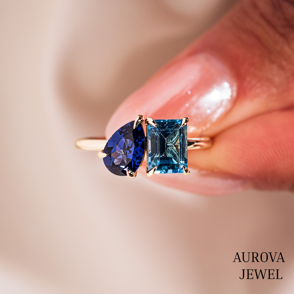 Toi et Moi Blue Sapphire & Aquamarine Ring in Gold – Pear and Emerald Cut Gemstone Statement Ring | Aurova Jewel