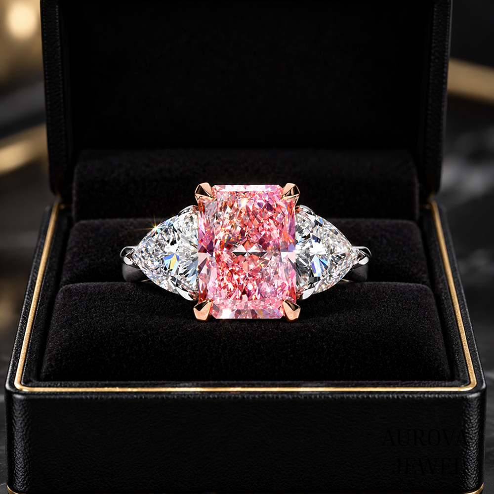 Pink Radiant Cut Engagement Ring, Three Stone Diamond Ring, Pear Side Stones, Unique Bridal Gift for Her