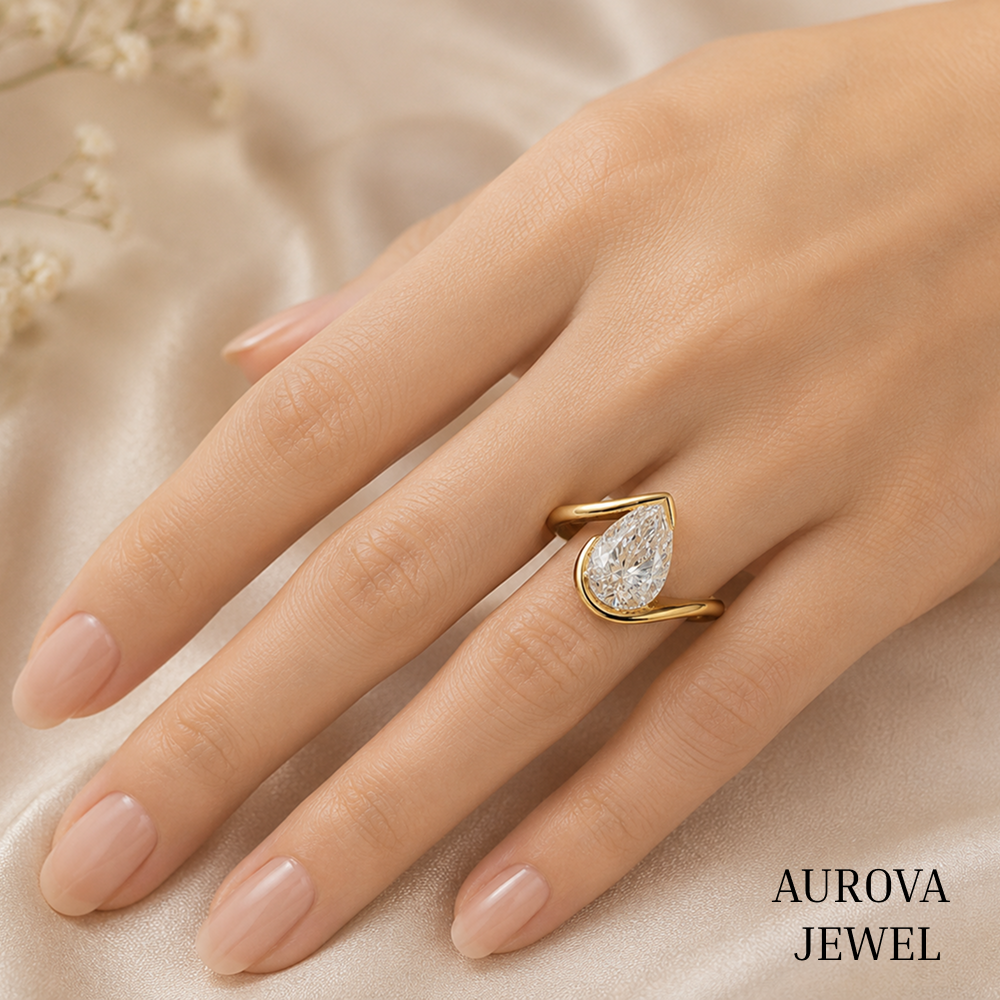 Pear Diamond Engagement Ring, 14K Solid Gold Bezel Solitaire, Modern Bypass Bridal Jewelry, Unique Anniversary Gift for Her