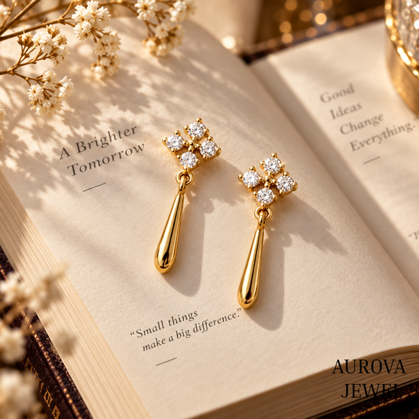 Floral Diamond Drop Earrings, 14K Yellow Gold Dangle Earrings, Round Cut Cluster Jewelry, Minimalist Wedding Gift for Her
