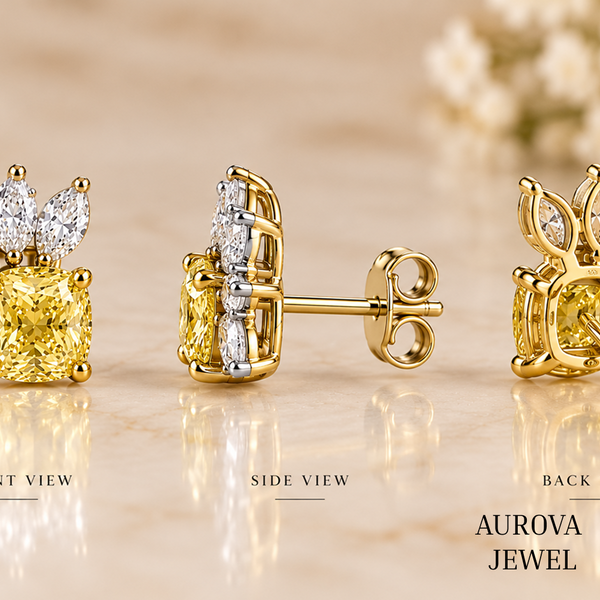 Yellow Cushion Diamond Stud Earrings, Marquise Cluster Floral Studs, 14K Gold Bridal Jewelry, Anniversary Gift for Her