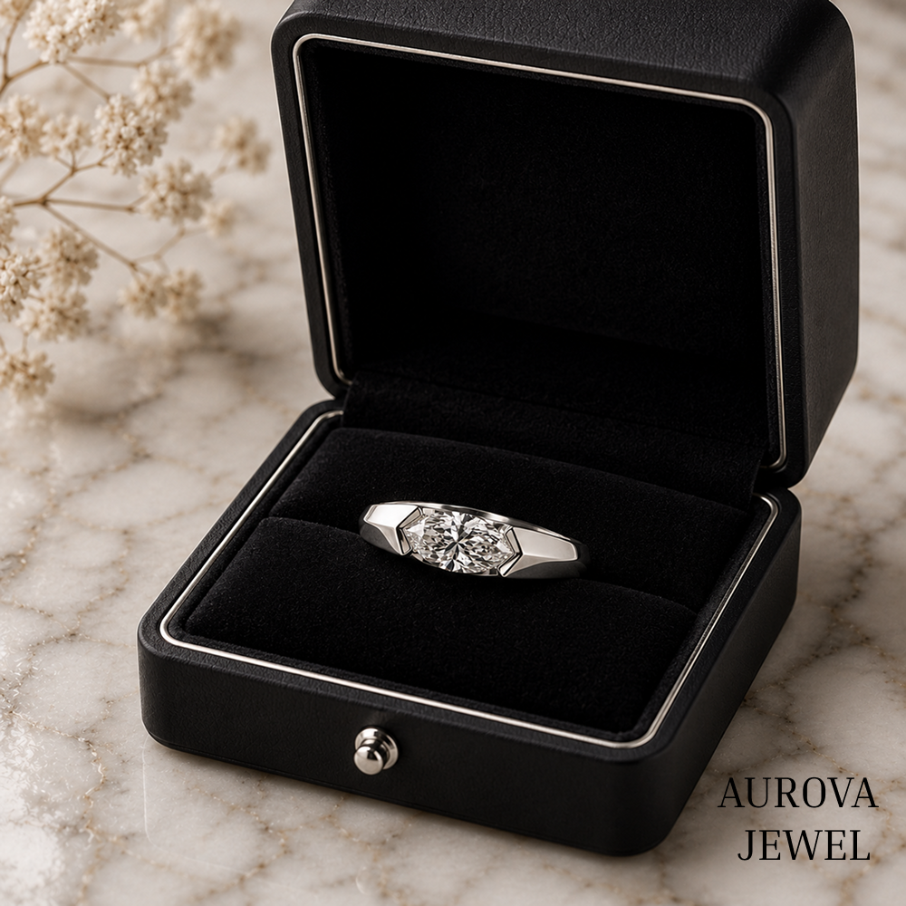 East West Marquise Diamond Ring, 14K Solid Gold Bezel Solitaire, Minimalist Engagement Jewelry, Anniversary Gift for Her