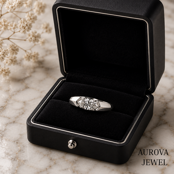 East West Marquise Diamond Ring, 14K Solid Gold Bezel Solitaire, Minimalist Engagement Jewelry, Anniversary Gift for Her