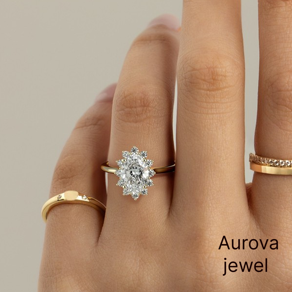 Oval Cut Halo Diamond Ring with Pavé Diamond Halo | Aurova Jewel