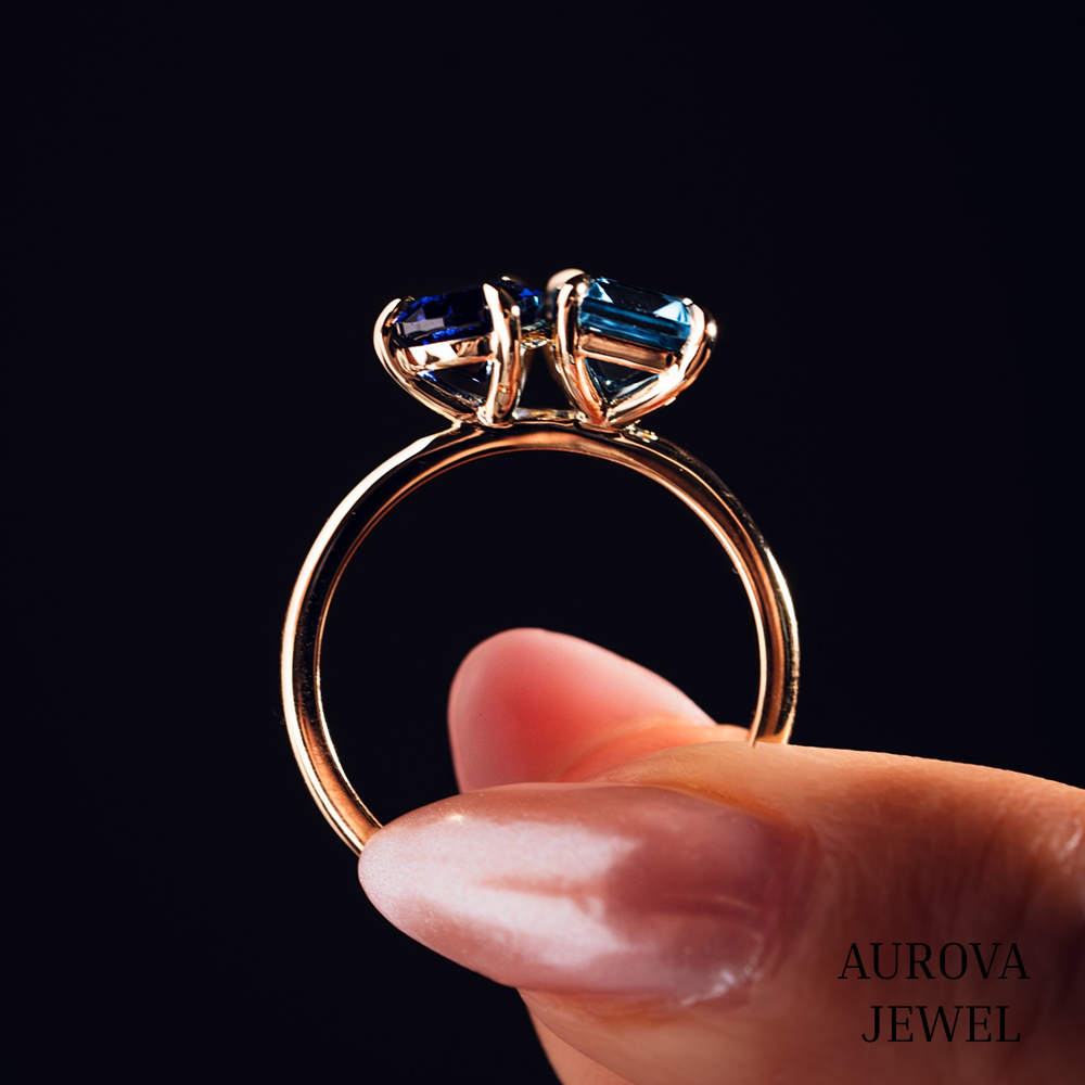 Toi et Moi Blue Sapphire & Aquamarine Ring in Gold – Pear and Emerald Cut Gemstone Statement Ring | Aurova Jewel