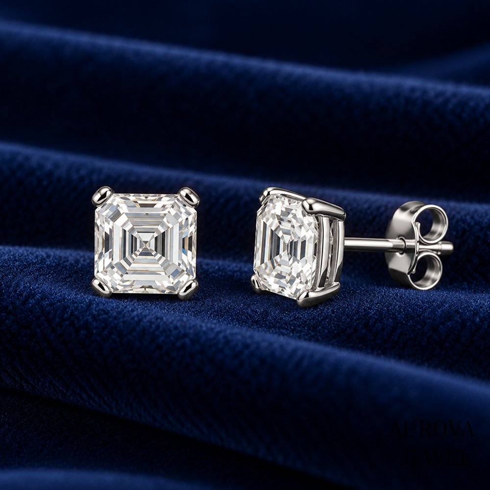 Asscher Cut Diamond Stud Earrings, 14K White Gold Solitaire Studs, Minimalist Bridal Jewelry, Gift for Her