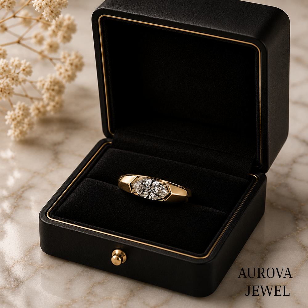 East West Marquise Diamond Ring, 14K Solid Gold Bezel Solitaire, Minimalist Engagement Jewelry, Anniversary Gift for Her