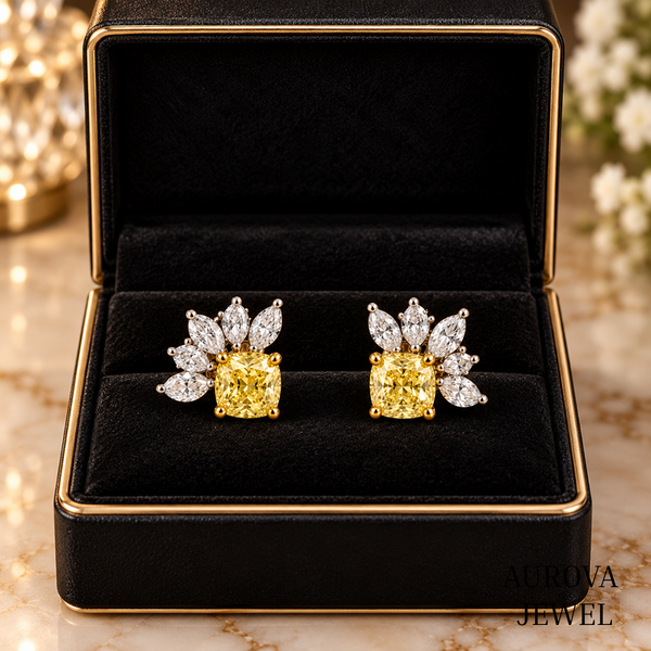 Yellow Cushion Diamond Stud Earrings, Marquise Cluster Floral Studs, 14K Gold Bridal Jewelry, Anniversary Gift for Her