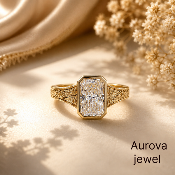 Cushion Cut Diamond Vintage Ring | Engraved Gold Ring | Aurova Jewel