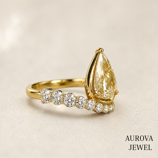 Pear Cut Yellow Diamond Ring, 14K Solid Gold Engagement Ring, Curved Diamond Wedding Band, Unique Bridal Ring, Anniversary Gift for Her