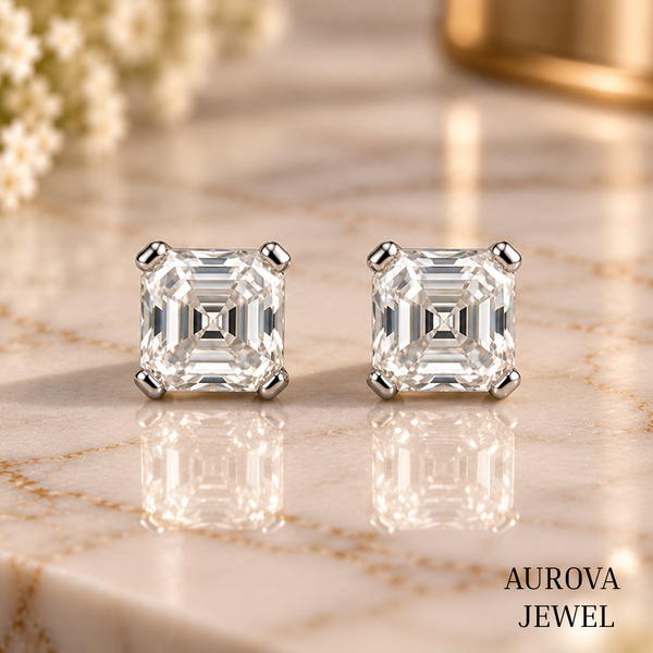 Asscher Cut Diamond Stud Earrings, 14K White Gold Solitaire Studs, Minimalist Bridal Jewelry, Gift for Her