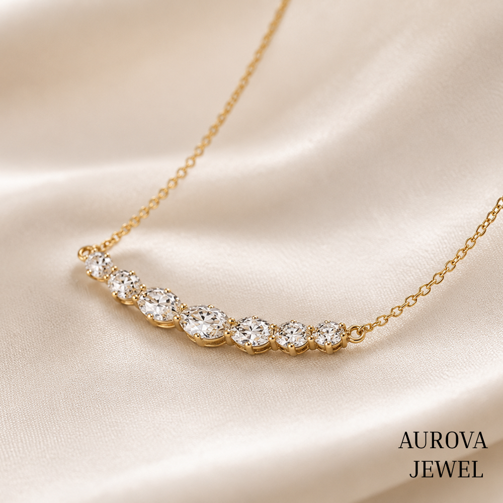 Oval Diamond Necklace, 14K Solid Gold Seven Stone Pendant, Graduated Bridal Jewelry, Minimalist Anniversary Gift for Her