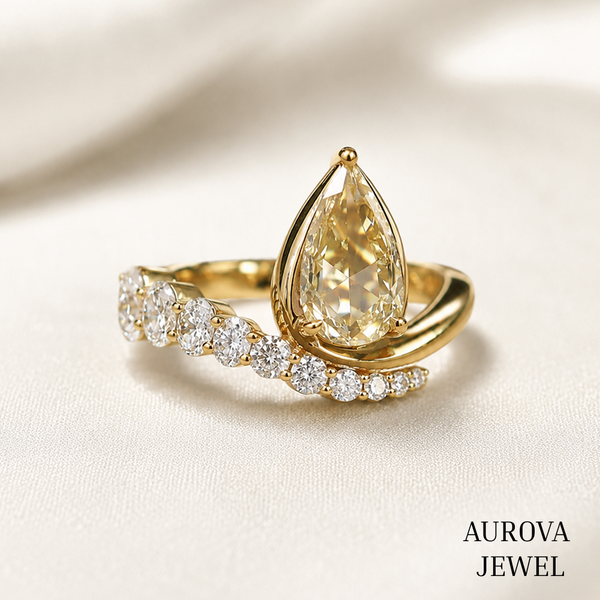 Pear Cut Yellow Diamond Ring, 14K Solid Gold Engagement Ring, Curved Diamond Wedding Band, Unique Bridal Ring, Anniversary Gift for Her