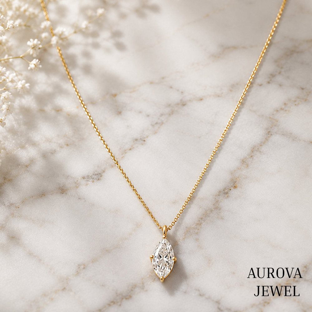 Marquise Diamond Necklace, 14K Solid Gold Solitaire Pendant, Minimalist Bridal Jewelry, Dainty Anniversary Gift for Her