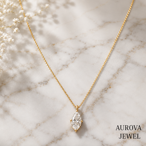 Marquise Diamond Necklace, 14K Solid Gold Solitaire Pendant, Minimalist Bridal Jewelry, Dainty Anniversary Gift for Her