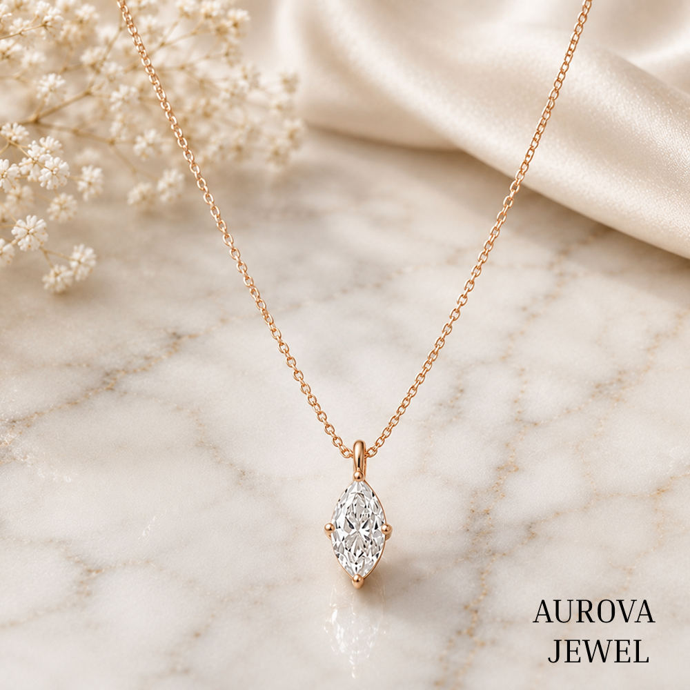 Marquise Diamond Necklace, 14K Solid Gold Solitaire Pendant, Minimalist Bridal Jewelry, Dainty Anniversary Gift for Her