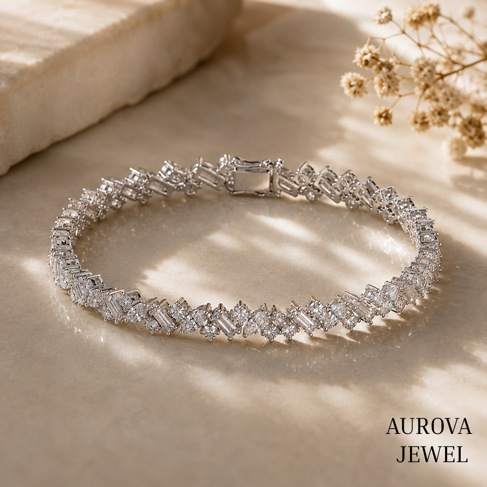 Mixed Cut Diamond Tennis Bracelet, 14K Solid Gold, Marquise Baguette & Round Stones, Bridal Jewelry, Anniversary Gift for Her