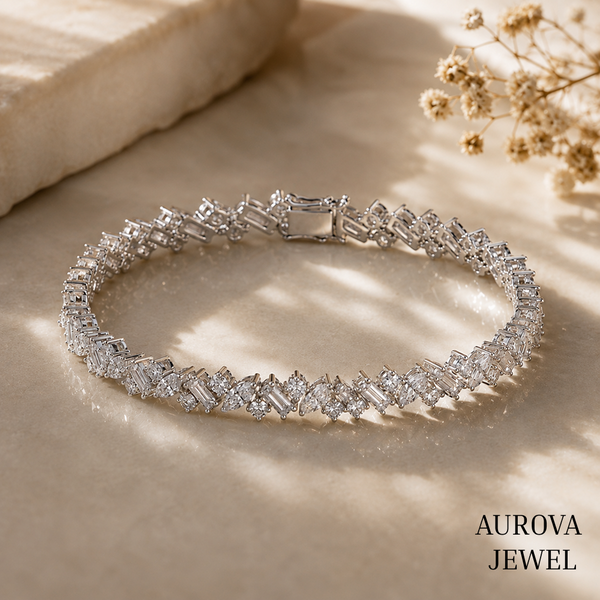 Mixed Cut Diamond Tennis Bracelet, 14K Solid Gold, Marquise Baguette & Round Stones, Bridal Jewelry, Anniversary Gift for Her