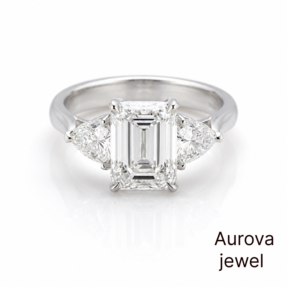 Emerald Cut Three Stone Diamond Ring with Trapezoid Side Stones | Aurova Jewel