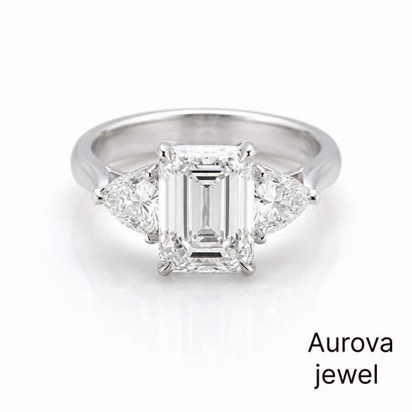 Emerald Cut Three Stone Diamond Ring with Trapezoid Side Stones | Aurova Jewel