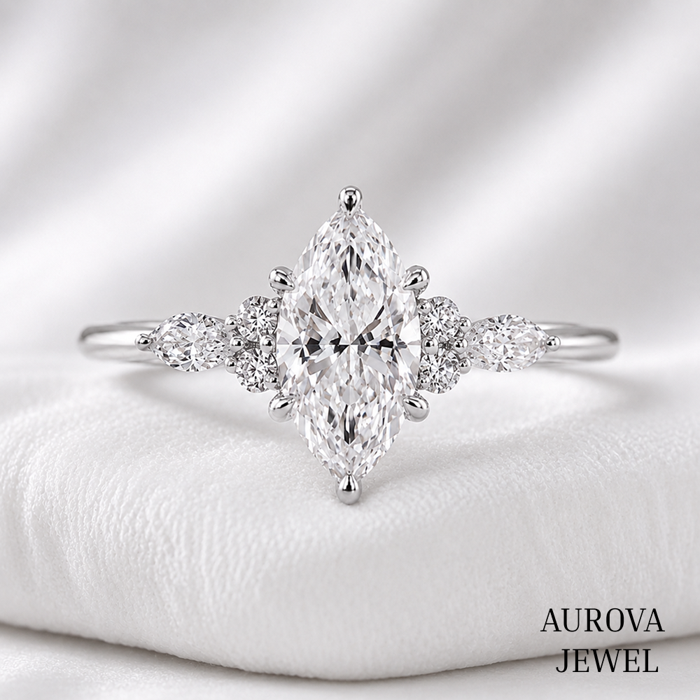 Marquise Diamond Engagement Ring, 14K Solid Gold Cluster Setting, Pear Side Stones, Unique Bridal Jewelry, Anniversary Gift for Her