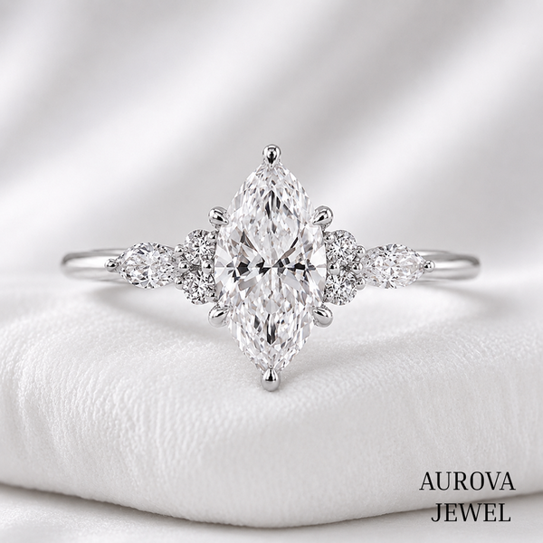 Marquise Diamond Engagement Ring, 14K Solid Gold Cluster Setting, Pear Side Stones, Unique Bridal Jewelry, Anniversary Gift for Her