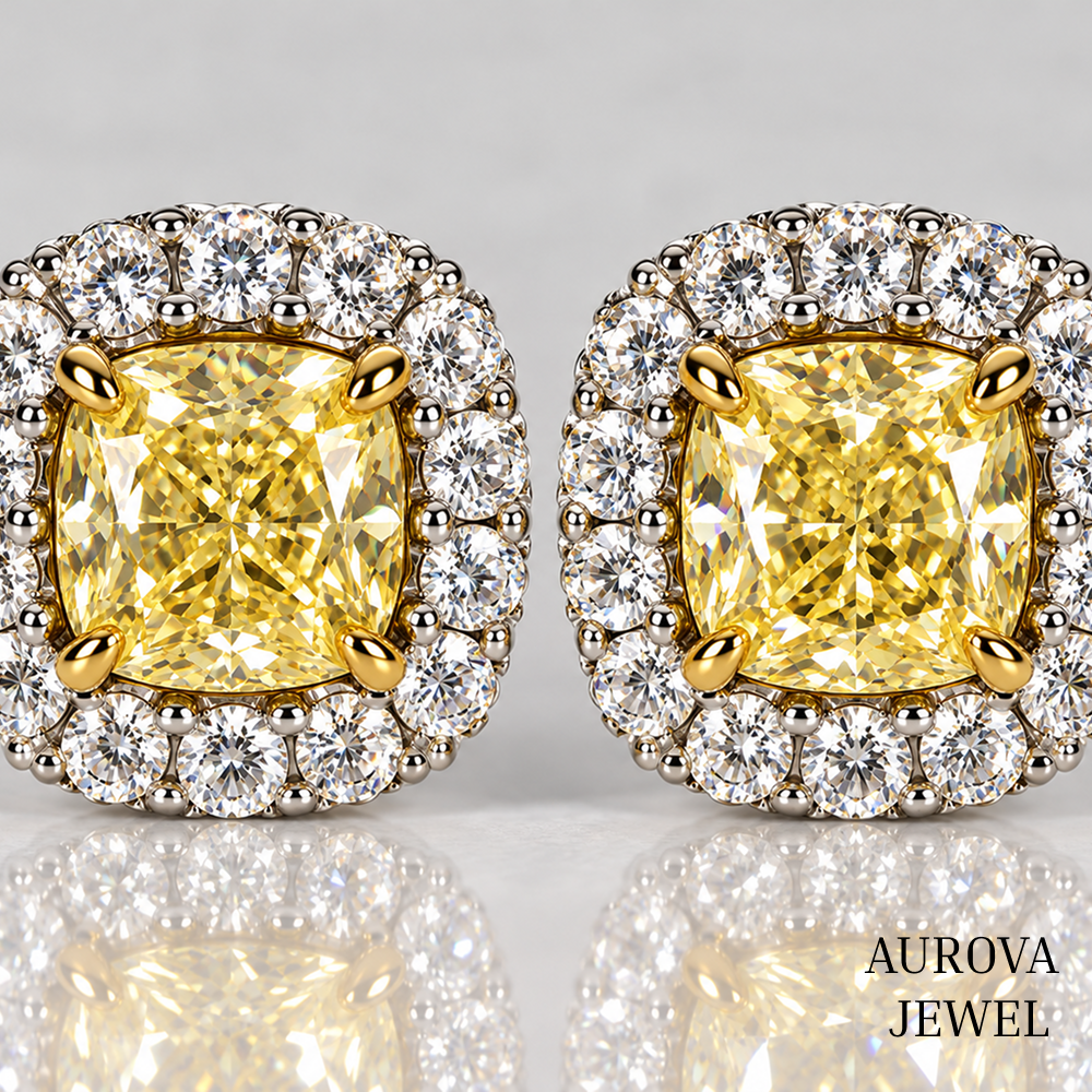 Yellow Cushion Diamond Stud Earrings, Halo Setting, 14K Solid Gold Bridal Jewelry, Luxury Anniversary Gift for Her, Wedding Earrings