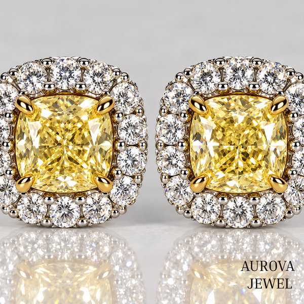 Yellow Cushion Diamond Stud Earrings, Halo Setting, 14K Solid Gold Bridal Jewelry, Luxury Anniversary Gift for Her, Wedding Earrings