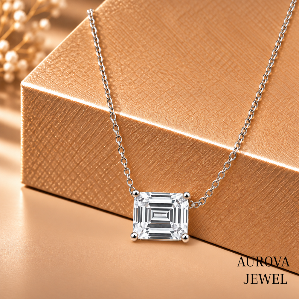 Asscher Cut Solitaire Necklace, Silver Square Pendant, Dainty White Gemstone Necklace, Minimalist Bridal Jewelry Gift for Her