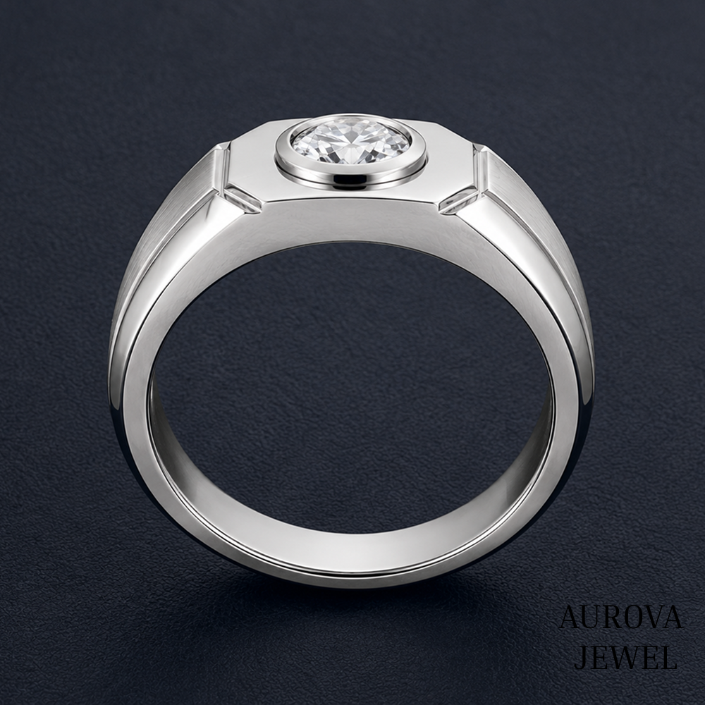 Men's Diamond Ring, Round Cut Bezel Diamond Ring, Solid Gold Wedding Band, Men's Engagement Ring, Anniversary Gift for Husband
