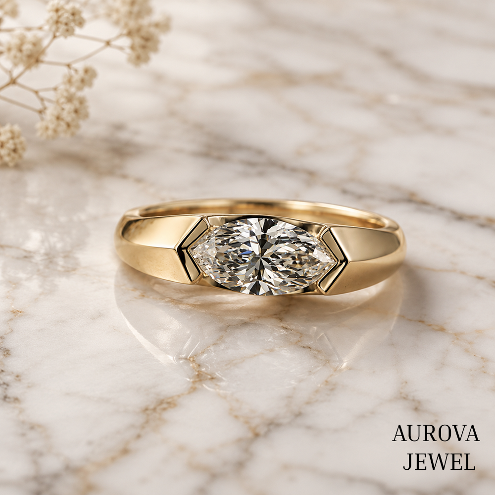 East West Marquise Diamond Ring, 14K Solid Gold Bezel Solitaire, Minimalist Engagement Jewelry, Anniversary Gift for Her