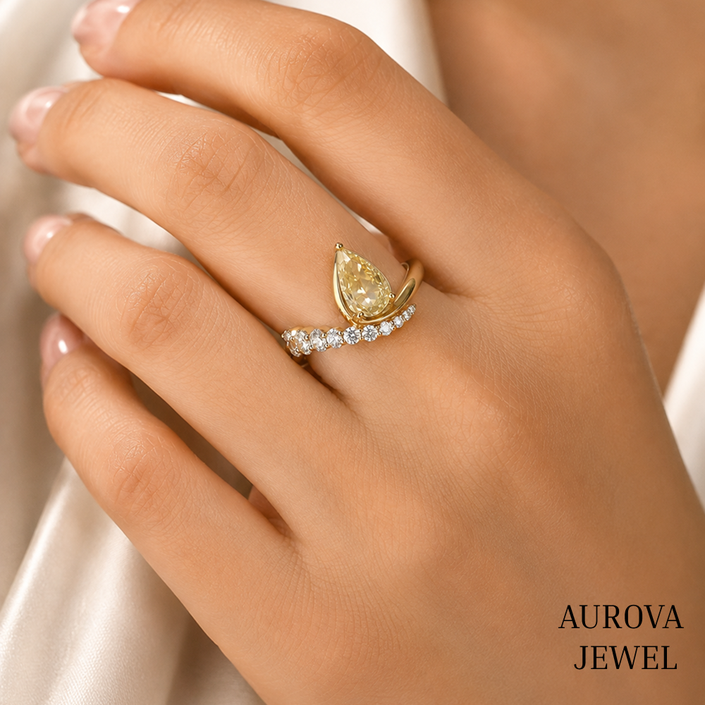 Pear Cut Yellow Diamond Ring, 14K Solid Gold Engagement Ring, Curved Diamond Wedding Band, Unique Bridal Ring, Anniversary Gift for Her Secondary image