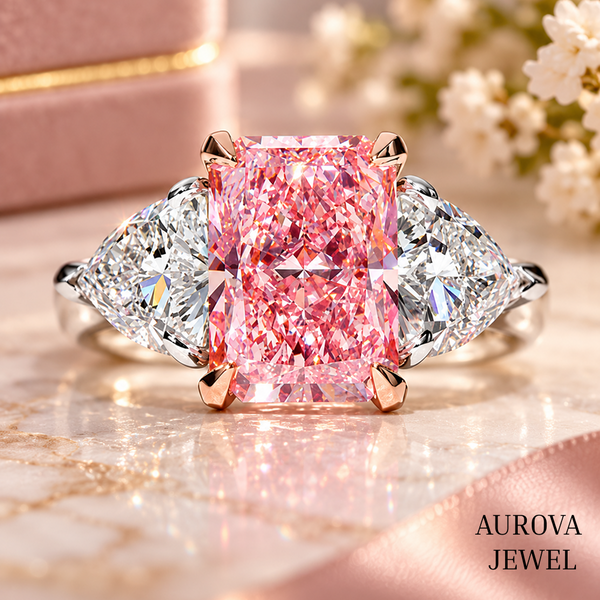 Pink Radiant Cut Engagement Ring, Three Stone Diamond Ring, Pear Side Stones, Unique Bridal Gift for Her