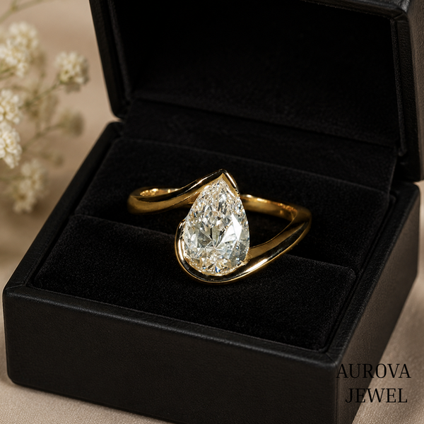 Pear Diamond Engagement Ring, 14K Solid Gold Bezel Solitaire, Modern Bypass Bridal Jewelry, Unique Anniversary Gift for Her