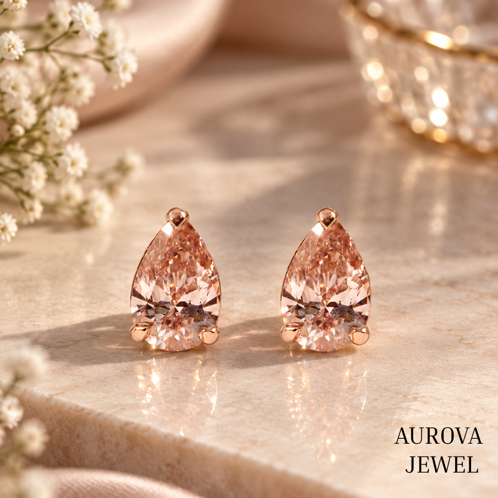 Pear Cut Pink Diamond Stud Earrings, Rose Gold Minimalist Bridal Jewelry, Anniversary Gift for Her