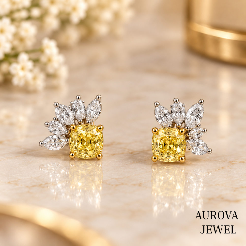 Yellow Cushion Diamond Stud Earrings, Marquise Cluster Floral Studs, 14K Gold Bridal Jewelry, Anniversary Gift for Her