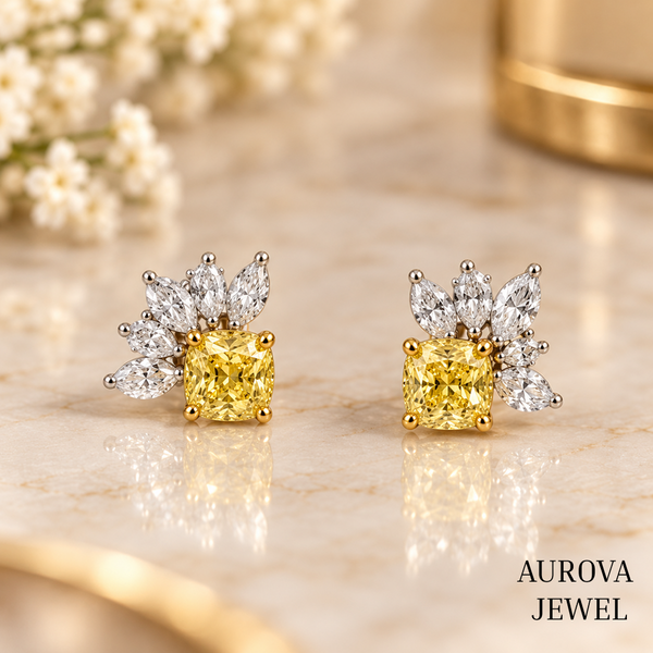 Yellow Cushion Diamond Stud Earrings, Marquise Cluster Floral Studs, 14K Gold Bridal Jewelry, Anniversary Gift for Her
