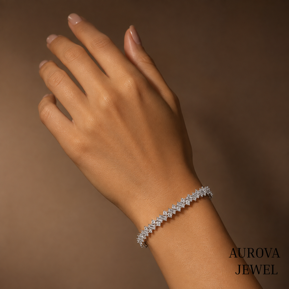 Mixed Cut Diamond Tennis Bracelet, 14K Solid Gold, Marquise Baguette & Round Stones, Bridal Jewelry, Anniversary Gift for Her