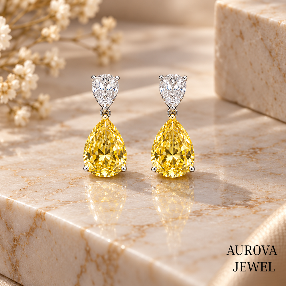 Yellow Pear Cut Drop Earrings, 14K Gold Dangle Earrings, Two Stone Bridal Jewelry, Elegant Wedding Gift for Her