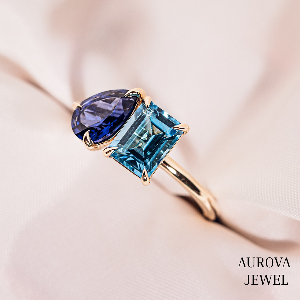 Toi et Moi Blue Sapphire & Aquamarine Ring in Gold – Pear and Emerald Cut Gemstone Statement Ring | Aurova Jewel
