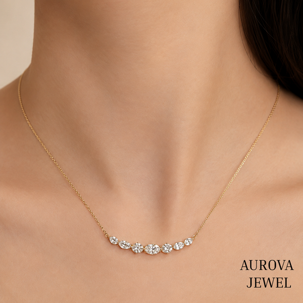 Oval Diamond Necklace, 14K Solid Gold Seven Stone Pendant, Graduated Bridal Jewelry, Minimalist Anniversary Gift for Her