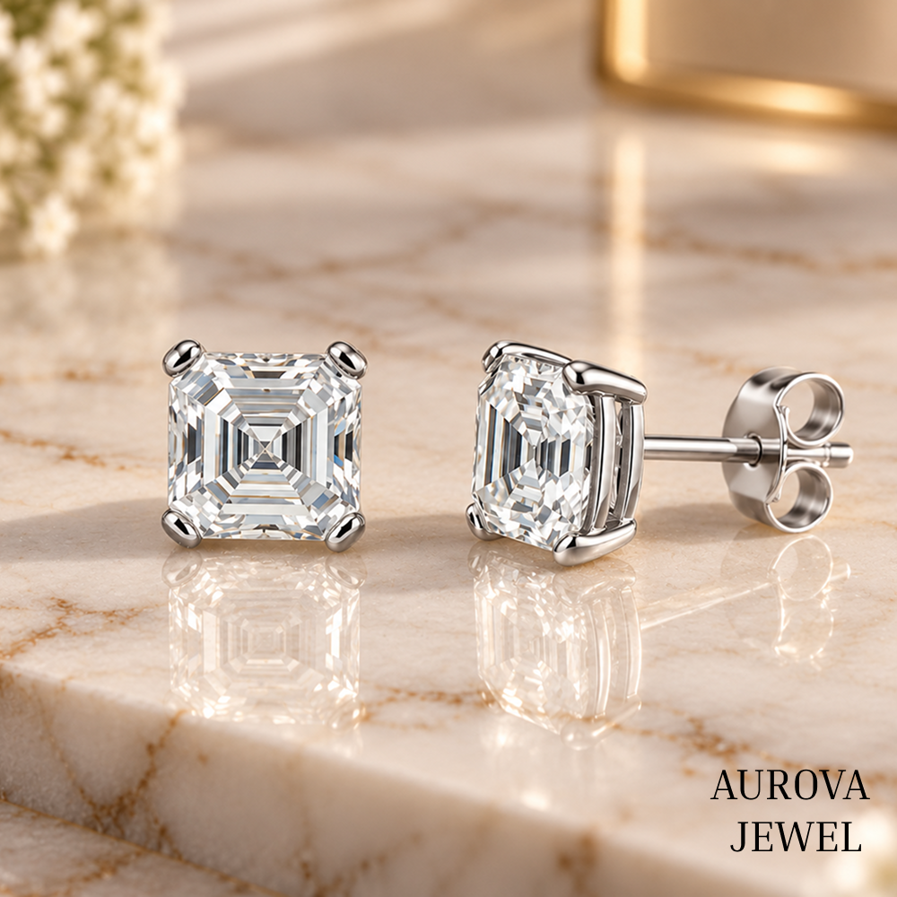Asscher Cut Diamond Stud Earrings, 14K White Gold Solitaire Studs, Minimalist Bridal Jewelry, Gift for Her