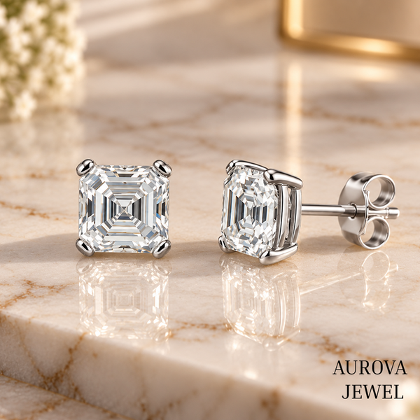 Asscher Cut Diamond Stud Earrings, 14K White Gold Solitaire Studs, Minimalist Bridal Jewelry, Gift for Her