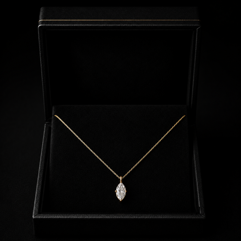 Marquise Diamond Necklace, 14K Solid Gold Solitaire Pendant, Minimalist Bridal Jewelry, Dainty Anniversary Gift for Her