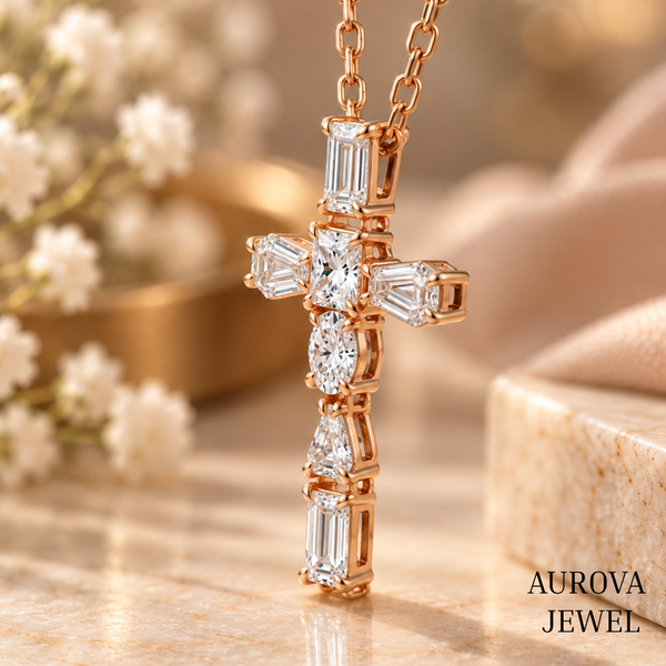 Cross Pendant Necklace, Mixed Cut White Gemstone Cross, Rose Gold Necklace, Christian Jewelry, Religious Gift for Her