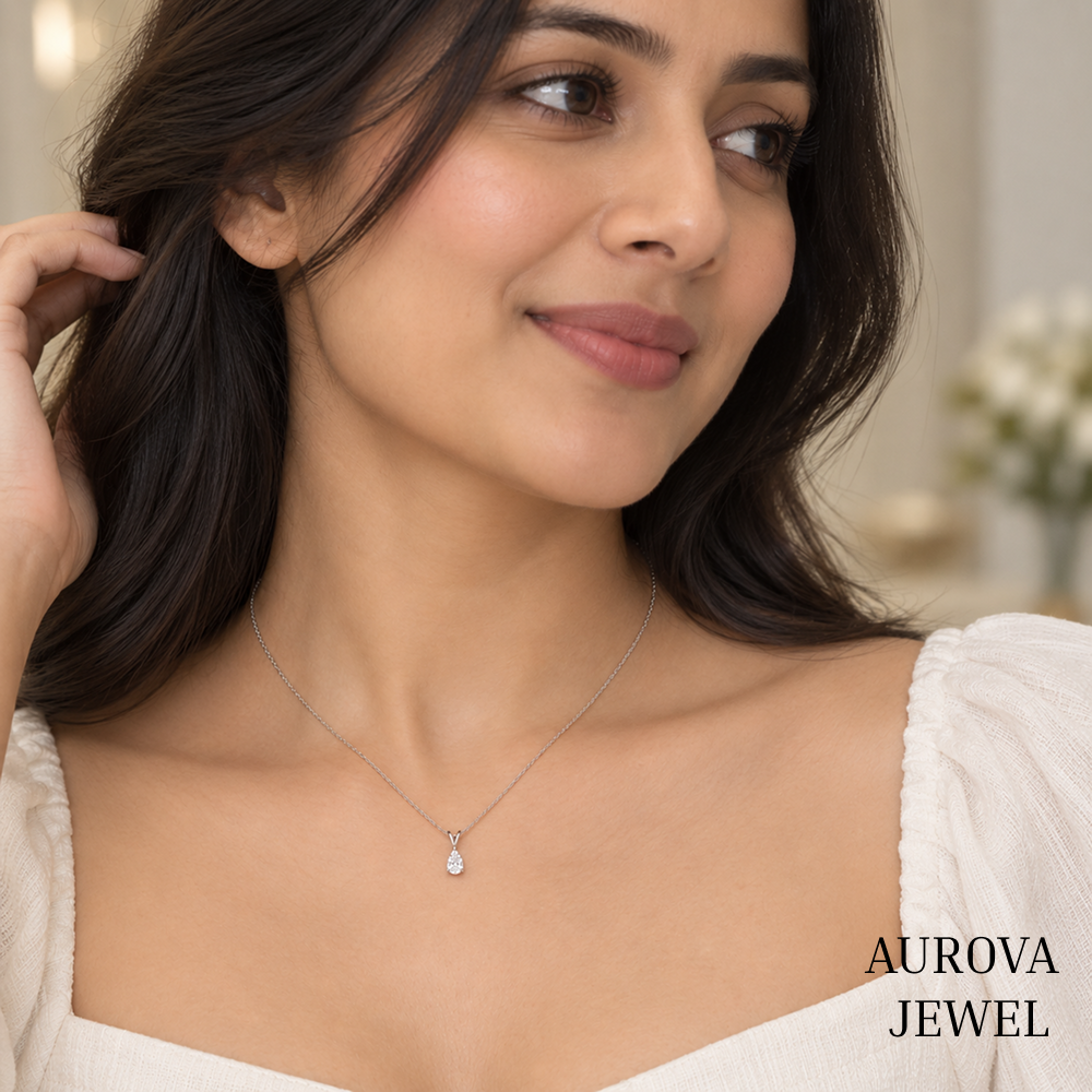 Pear Cut Solitaire Necklace, Dainty Silver Teardrop Pendant, White Gemstone Necklace, Minimalist Bridal Jewelry Gift for Her
