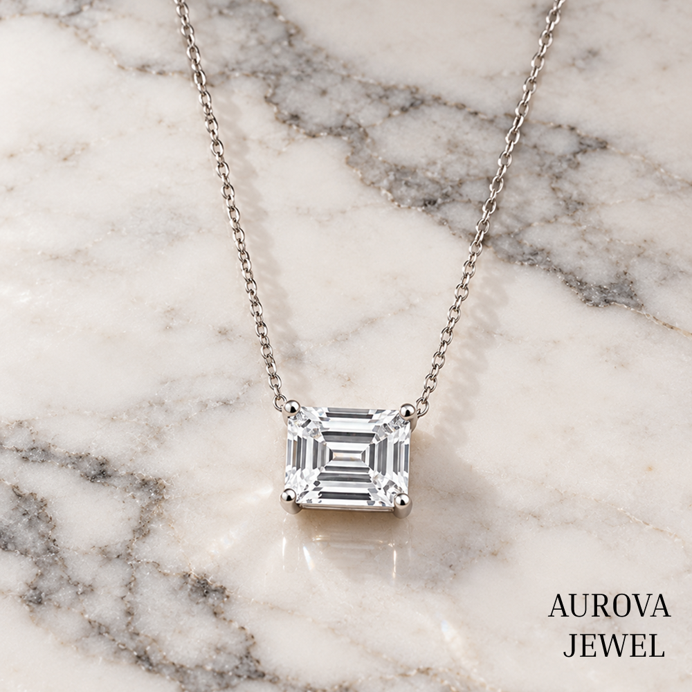 Asscher Cut Solitaire Necklace, Silver Square Pendant, Dainty White Gemstone Necklace, Minimalist Bridal Jewelry Gift for Her