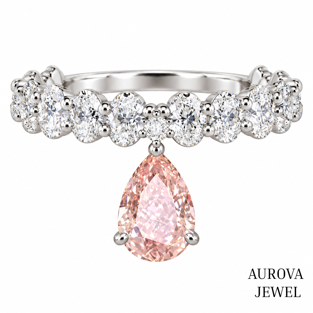 Pink Pear Diamond Ring, 14K Solid Gold Dangle Ring, Oval & Round Stones, Unique Bridal Jewelry, Anniversary Gift for Her
