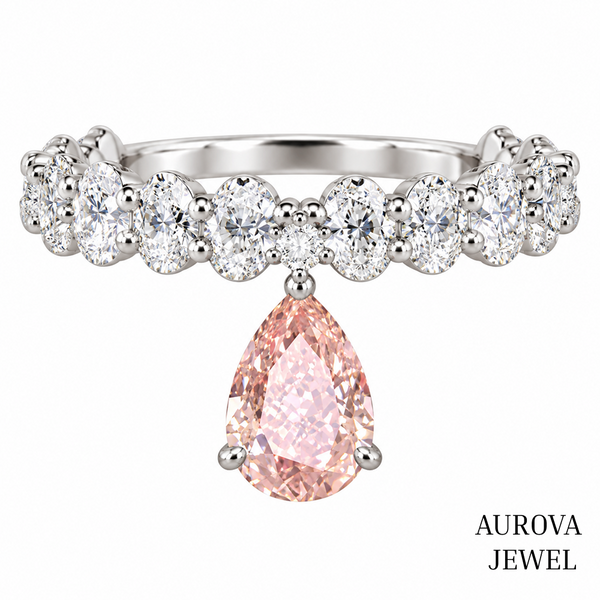 Pink Pear Diamond Ring, 14K Solid Gold Dangle Ring, Oval & Round Stones, Unique Bridal Jewelry, Anniversary Gift for Her