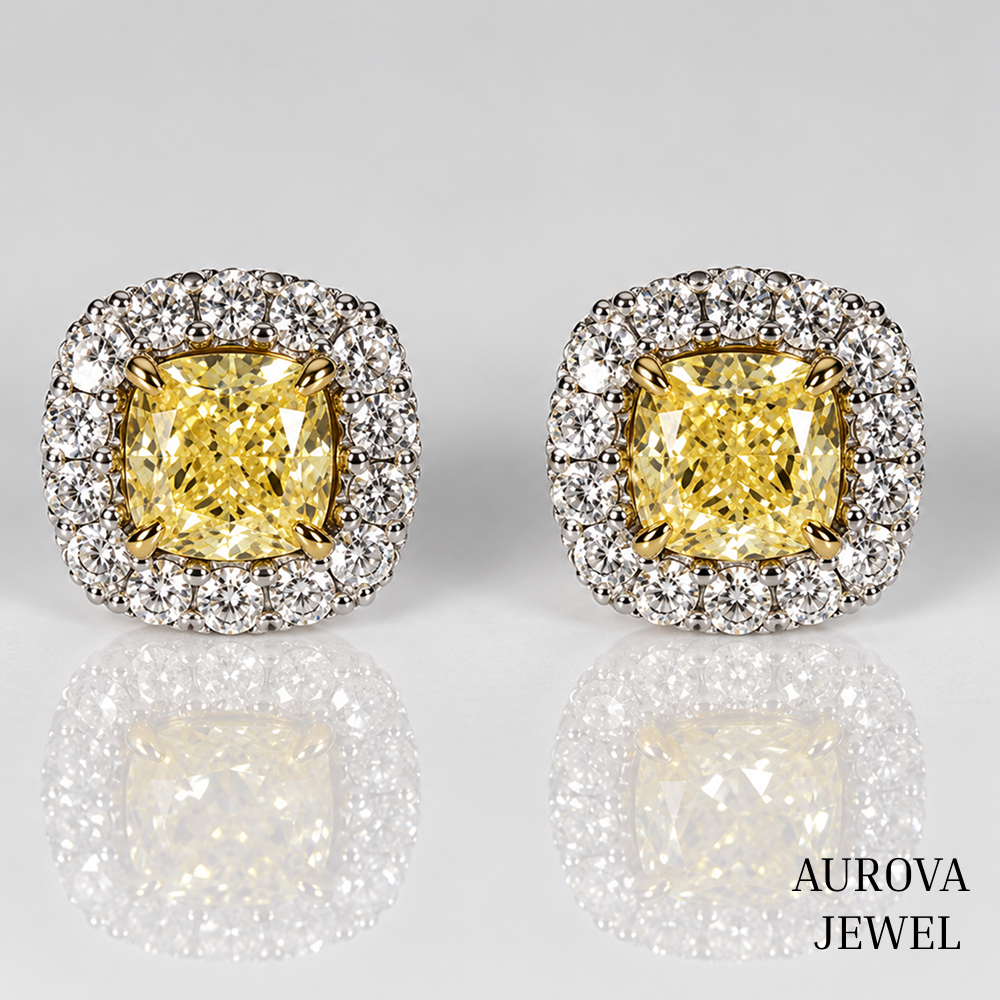 Yellow Cushion Diamond Stud Earrings, Halo Setting, 14K Solid Gold Bridal Jewelry, Luxury Anniversary Gift for Her, Wedding Earrings
